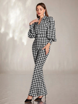Modelyn Houndstooth Lantern Sleeve Flare Leg Jumpsuit - Negative Apparel