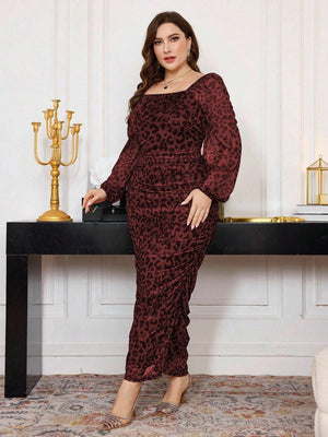 Modelyn Plus Size Women Square Neck Ruffle Elastic Net Leopard Print Lantern Sleeve Fitted Bodycon Midi Dress Maxi Women Outfit Long Evening Dresses - Negative Apparel