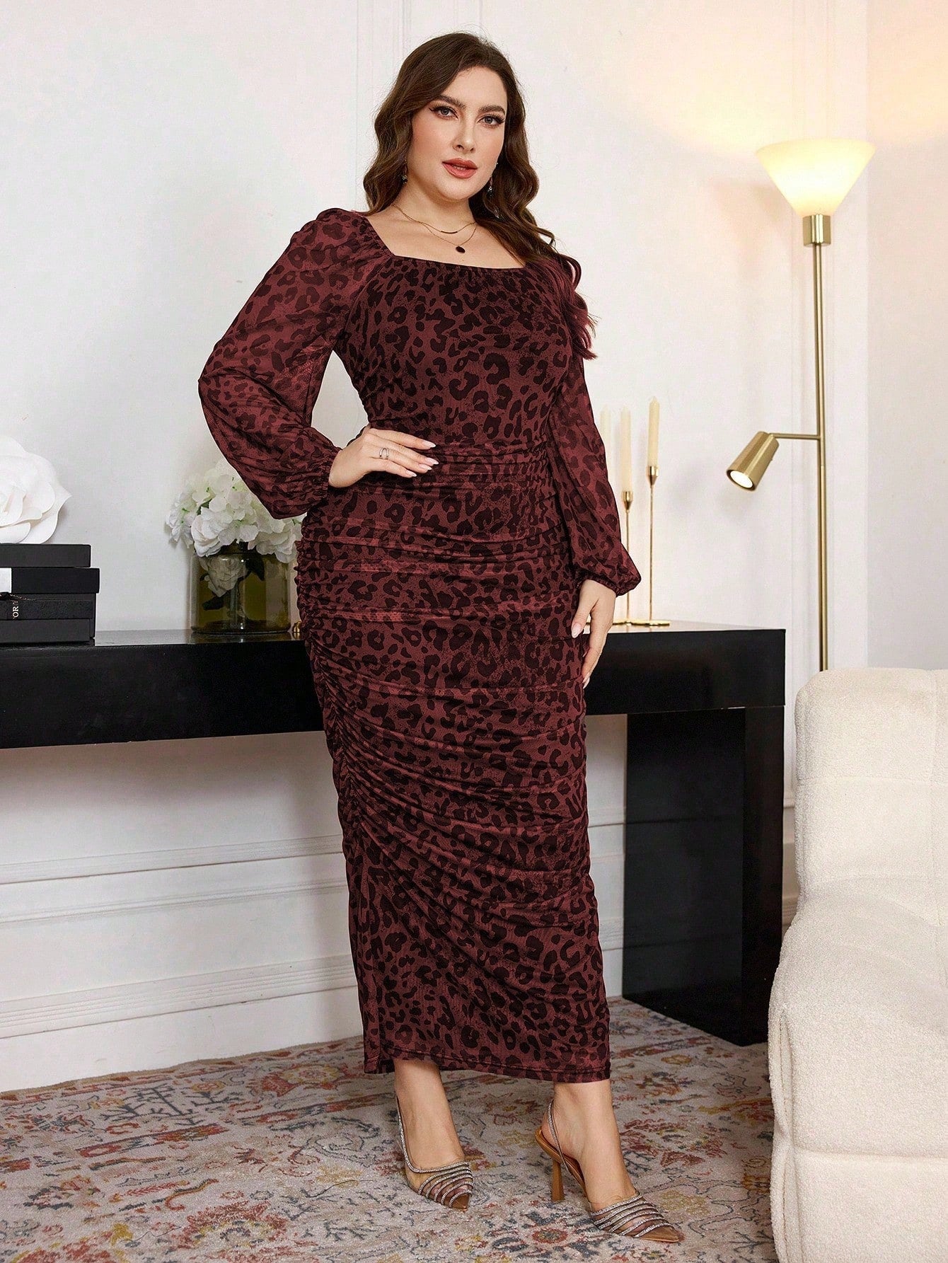 Modelyn Plus Size Women Square Neck Ruffle Elastic Net Leopard Print Lantern Sleeve Fitted Bodycon Midi Dress Maxi Women Outfit Long Evening Dresses - Negative Apparel