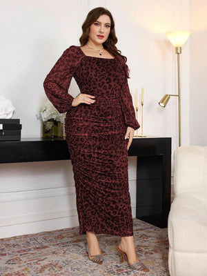Modelyn Plus Size Women Square Neck Ruffle Elastic Net Leopard Print Lantern Sleeve Fitted Bodycon Midi Dress Maxi Women Outfit Long Evening Dresses - Negative Apparel