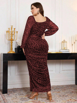 Modelyn Plus Size Women Square Neck Ruffle Elastic Net Leopard Print Lantern Sleeve Fitted Bodycon Midi Dress Maxi Women Outfit Long Evening Dresses - Negative Apparel