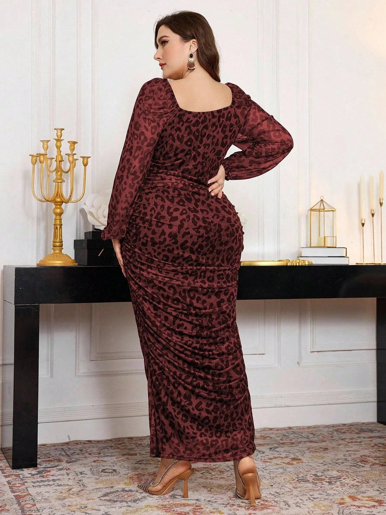 Modelyn Plus Size Women Square Neck Ruffle Elastic Net Leopard Print Lantern Sleeve Fitted Bodycon Midi Dress Maxi Women Outfit Long Evening Dresses - Negative Apparel