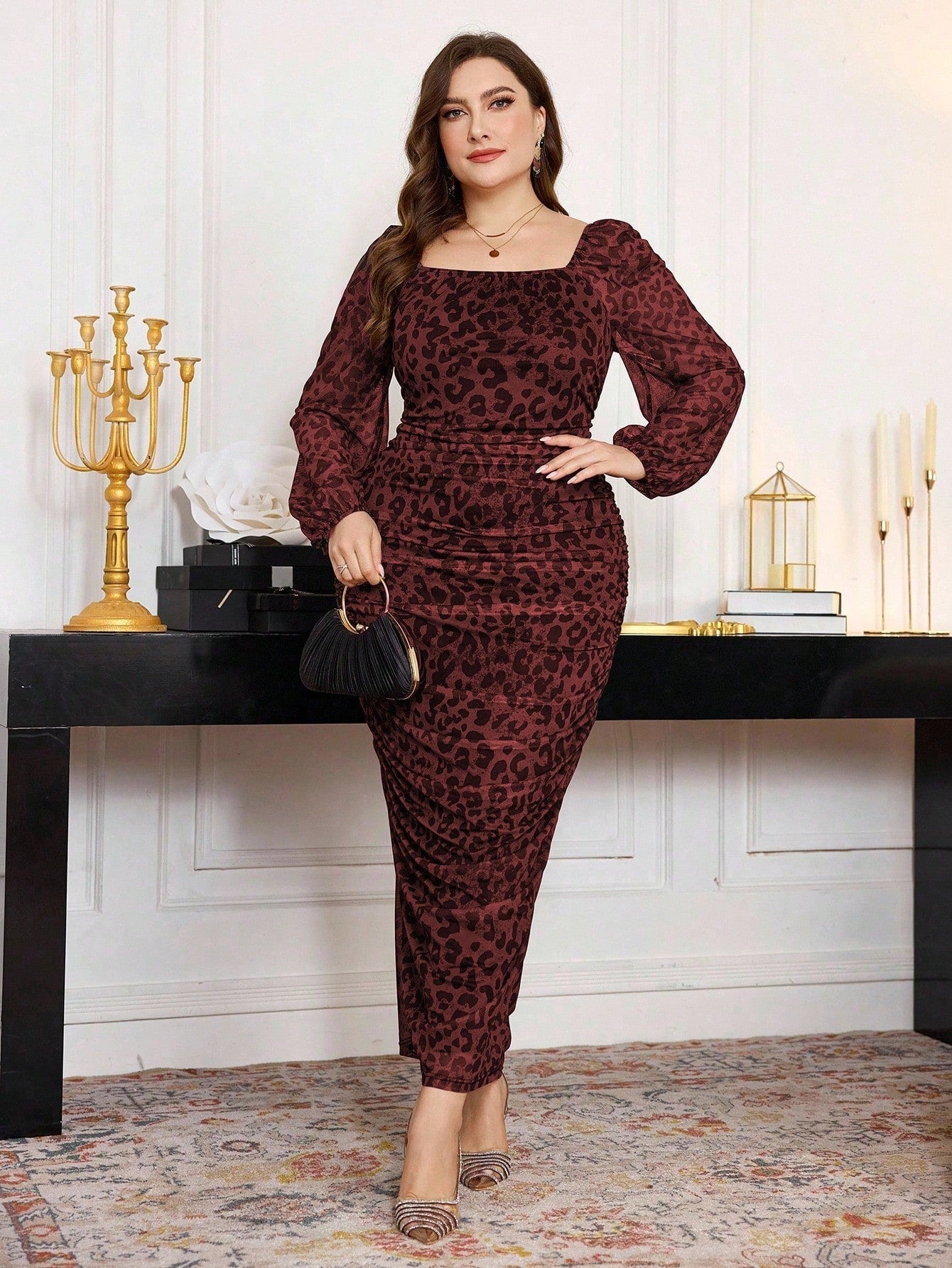 Modelyn Plus Size Women Square Neck Ruffle Elastic Net Leopard Print Lantern Sleeve Fitted Bodycon Midi Dress Maxi Women Outfit Long Evening Dresses - Negative Apparel