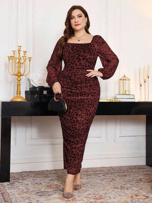 Modelyn Plus Size Women Square Neck Ruffle Elastic Net Leopard Print Lantern Sleeve Fitted Bodycon Midi Dress Maxi Women Outfit Long Evening Dresses - Negative Apparel