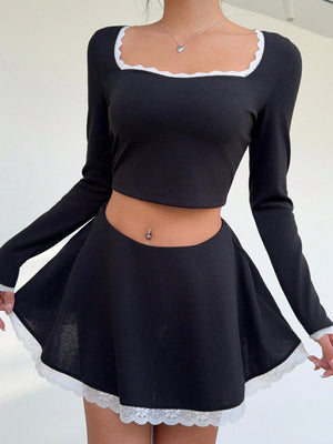 Modern Lace Patchwork Crew Neck Long Sleeve Fitted Black T-Shirt + Low - Waist Lace Patchwork Flare Hem Skirt - Negative Apparel