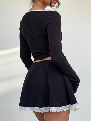 Modern Lace Patchwork Crew Neck Long Sleeve Fitted Black T-Shirt + Low - Waist Lace Patchwork Flare Hem Skirt - Negative Apparel