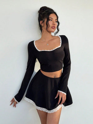 Modern Lace Patchwork Crew Neck Long Sleeve Fitted Black T-Shirt + Low - Waist Lace Patchwork Flare Hem Skirt - Negative Apparel