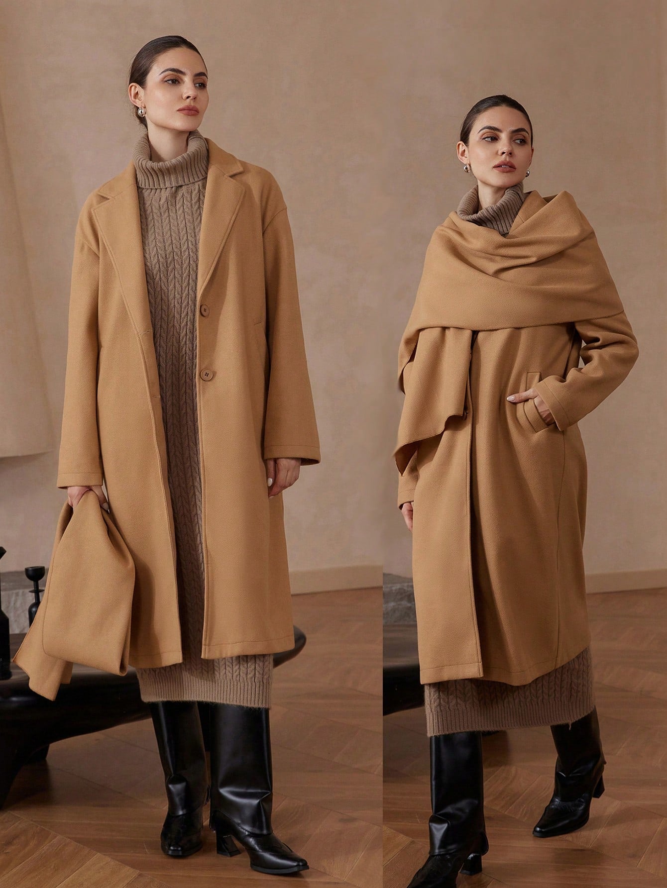 Modichic Autumn Winter Oversized Long Sleeve Woolen Coat With Detachable Khaki Scarf Negative Apparel