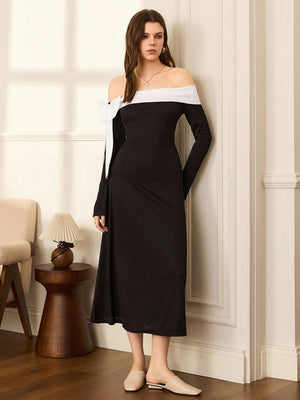 Moireta Elegant Off Shoulder Contrast Color Bow Decor Dress FD - Negative Apparel