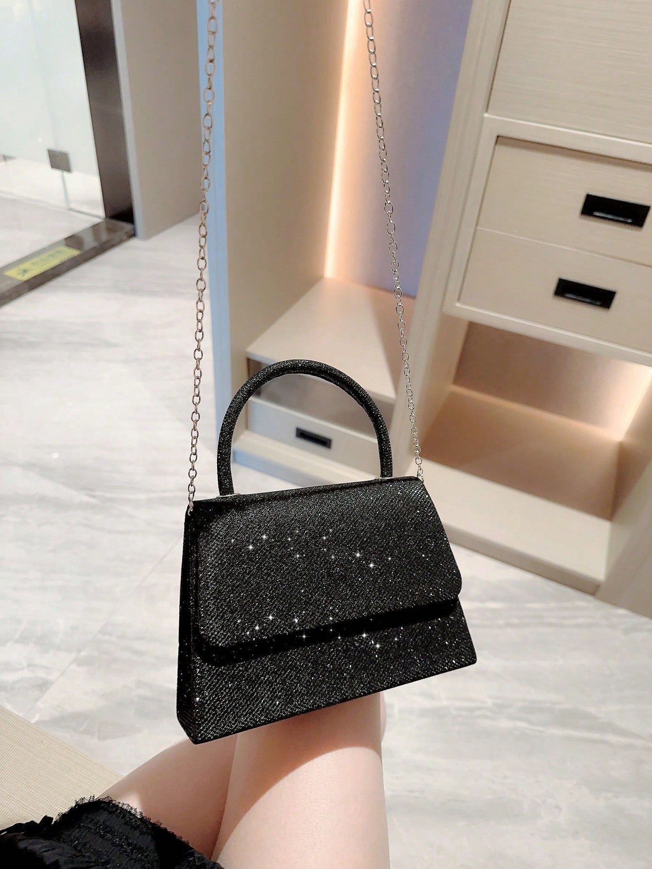 Moonlit EveBag Glamorous, Elegant, Exquisite, Quiet Luxury Sequin, Stylish, Luxury, Shiny Mini Flap Square Bag Glitter Black Minimalist Evening Bag, Dinner Bag For Party Girl, Woman, Bride Perfect For Party, Wedding, Prom, Dinner/Banquet - Negative Apparel