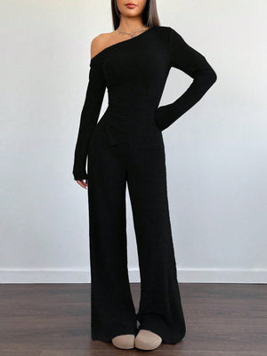 MOOSTA 2pcs/Set Women Plush Asymmetrical Asymmetrical Neck T-Shirt & Wide - Leg Pants Casual - Negative Apparel