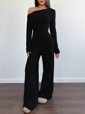 MOOSTA 2pcs/Set Women Plush Asymmetrical Asymmetrical Neck T-Shirt & Wide - Leg Pants Casual - Negative Apparel