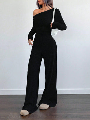 MOOSTA 2pcs/Set Women Plush Asymmetrical Asymmetrical Neck T-Shirt & Wide - Leg Pants Casual - Negative Apparel