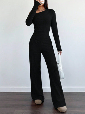 MOOSTA 2pcs/Set Women Plush Asymmetrical Asymmetrical Neck T-Shirt & Wide - Leg Pants Casual - Negative Apparel