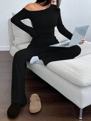 MOOSTA 2pcs/Set Women Plush Asymmetrical Asymmetrical Neck T-Shirt & Wide - Leg Pants Casual - Negative Apparel