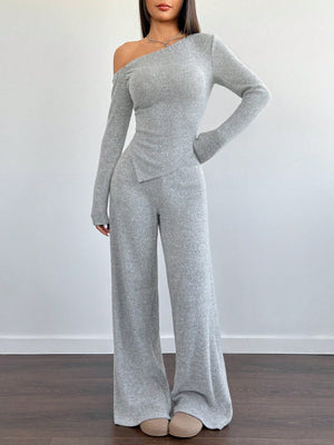 MOOSTA 2pcs/Set Women Plush Asymmetrical Asymmetrical Neck T-Shirt & Wide - Leg Pants Casual - Negative Apparel