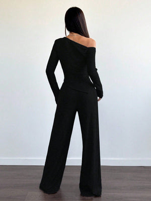 MOOSTA 2pcs/Set Women Plush Asymmetrical Asymmetrical Neck T-Shirt & Wide - Leg Pants Casual - Negative Apparel
