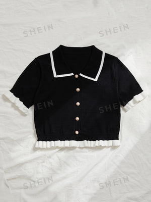 MOOSTA Button Front Contrast Binding Frill Trim Cardigan - Negative Apparel