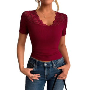 Neckline cuffs splicing lace lace short - sleeved clothes spring - Negative Apparel