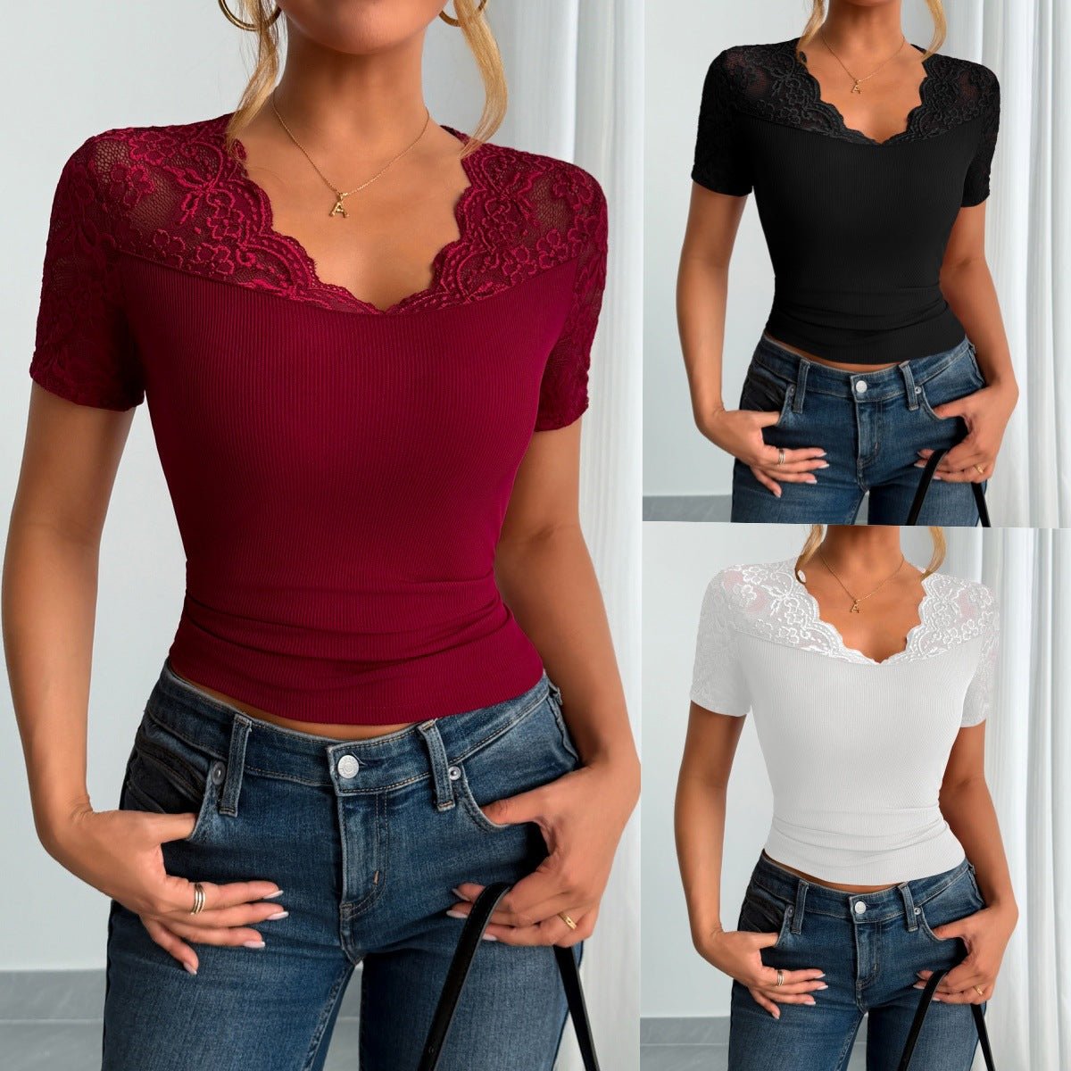 Neckline cuffs splicing lace lace short - sleeved clothes spring - Negative Apparel