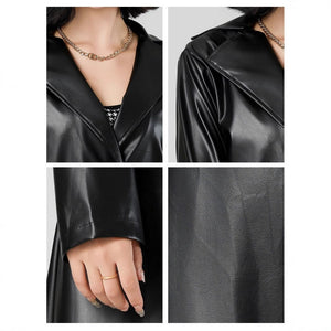 Negative Apparel Black Women’s PU Leather Jacket – Long Waist - Fit Punk Style with Suit Collar | Street Hipster Imitation Leather Coat | Autumn 2025 Fashion - Negative Apparel