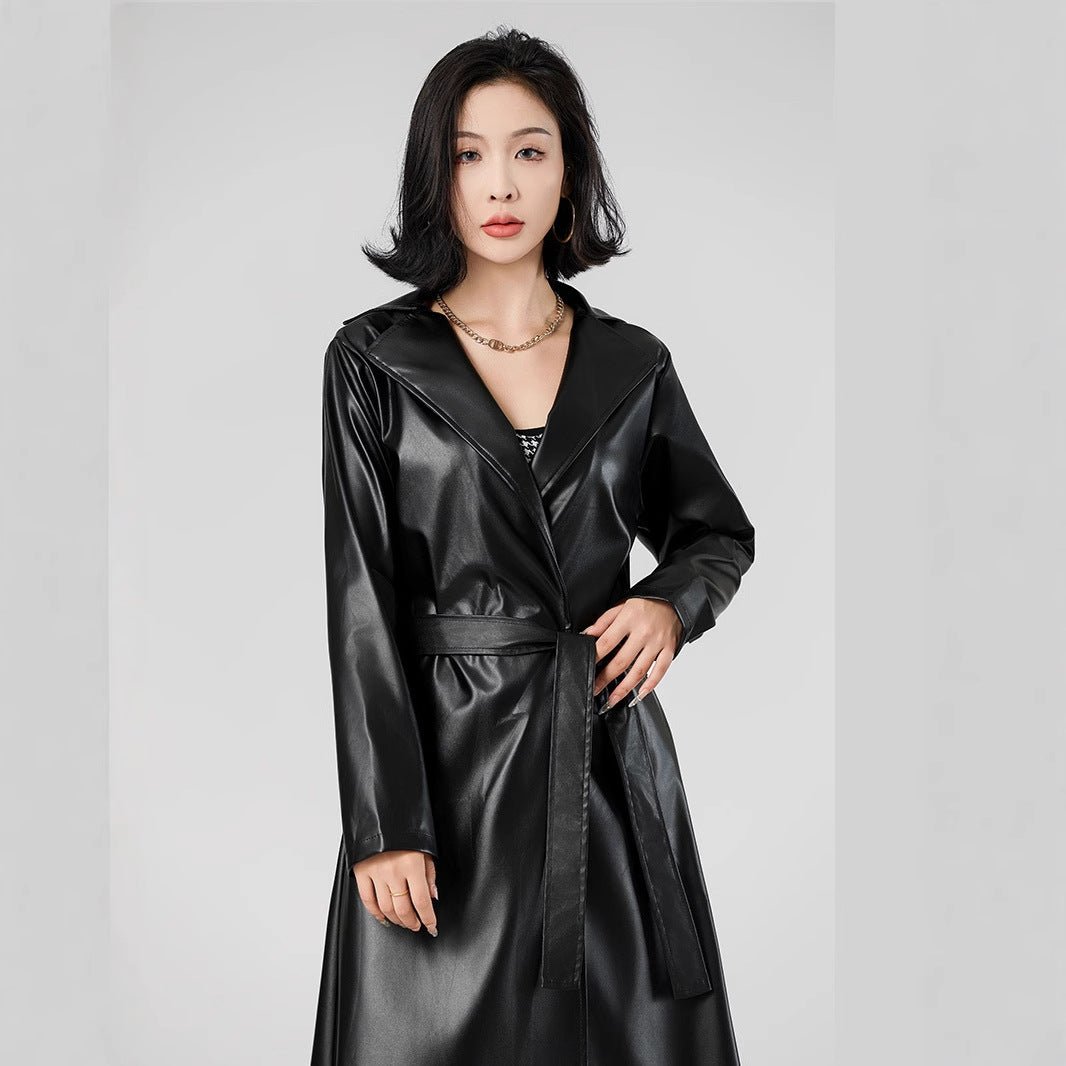 Negative Apparel Black Women’s PU Leather Jacket – Long Waist - Fit Punk Style with Suit Collar | Street Hipster Imitation Leather Coat | Autumn 2025 Fashion - Negative Apparel