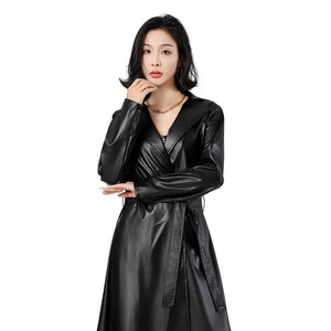 Negative Apparel Black Women’s PU Leather Jacket – Long Waist - Fit Punk Style with Suit Collar | Street Hipster Imitation Leather Coat | Autumn 2025 Fashion - Negative Apparel