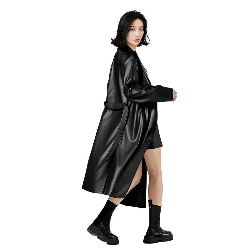 Negative Apparel Black Women’s PU Leather Jacket – Long Waist - Fit Punk Style with Suit Collar | Street Hipster Imitation Leather Coat | Autumn 2025 Fashion - Negative Apparel