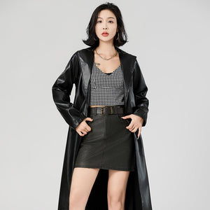 Negative Apparel Black Women’s PU Leather Jacket – Long Waist - Fit Punk Style with Suit Collar | Street Hipster Imitation Leather Coat | Autumn 2025 Fashion - Negative Apparel
