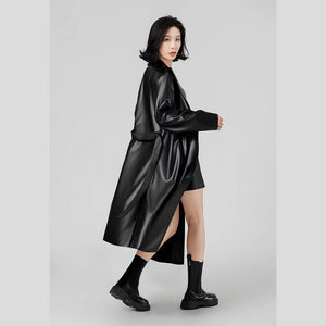 Negative Apparel Black Women’s PU Leather Jacket – Long Waist - Fit Punk Style with Suit Collar | Street Hipster Imitation Leather Coat | Autumn 2025 Fashion - Negative Apparel