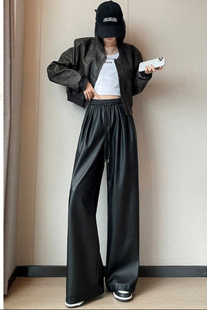 Negative Apparel Women’s High - Waist PU Leather Wide - Leg Pants – Elegant Commuter Straight Fit with Lacing Detail | Autumn 2025 Collection - Negative Apparel