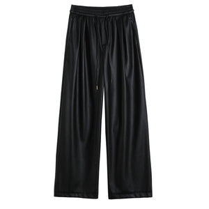 Negative Apparel Women’s High - Waist PU Leather Wide - Leg Pants – Elegant Commuter Straight Fit with Lacing Detail | Autumn 2025 Collection - Negative Apparel
