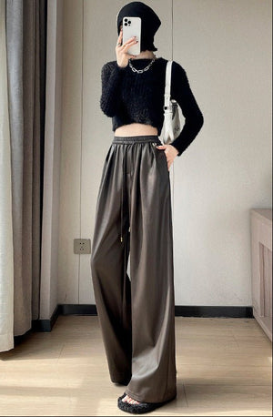 Negative Apparel Women’s High - Waist PU Leather Wide - Leg Pants – Elegant Commuter Straight Fit with Lacing Detail | Autumn 2025 Collection - Negative Apparel