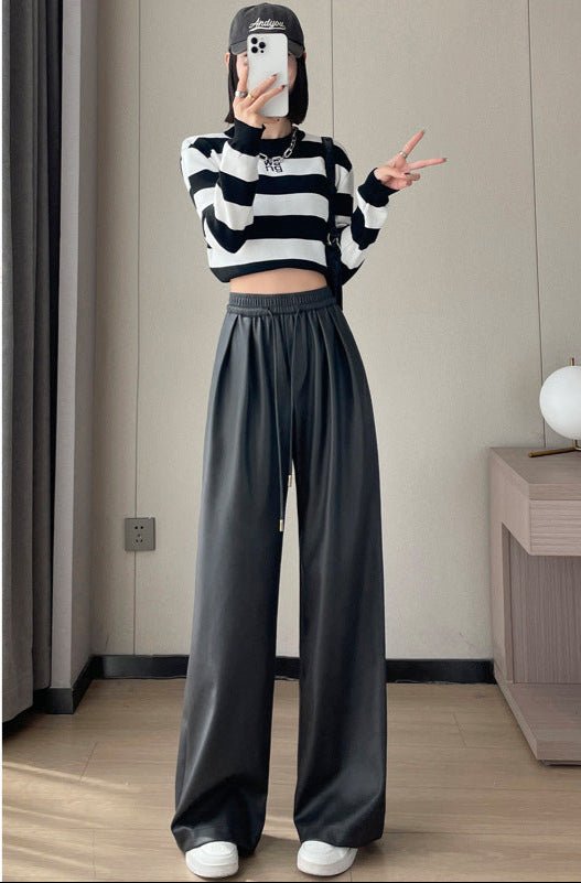Negative Apparel Women’s High - Waist PU Leather Wide - Leg Pants – Elegant Commuter Straight Fit with Lacing Detail | Autumn 2025 Collection - Negative Apparel