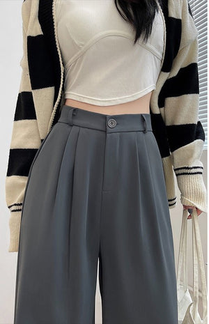 Net suit pants high - end pants women's spring new high - waisted straight casual pants loose and drape wide - leg pants - Negative Apparel