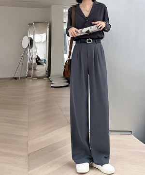 Net suit pants high - end pants women's spring new high - waisted straight casual pants loose and drape wide - leg pants - Negative Apparel