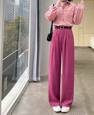 Net suit pants high - end pants women's spring new high - waisted straight casual pants loose and drape wide - leg pants - Negative Apparel