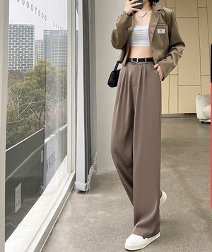 Net suit pants high - end pants women's spring new high - waisted straight casual pants loose and drape wide - leg pants - Negative Apparel