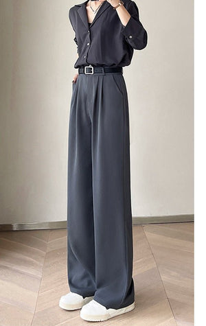 Net suit pants high - end pants women's spring new high - waisted straight casual pants loose and drape wide - leg pants - Negative Apparel