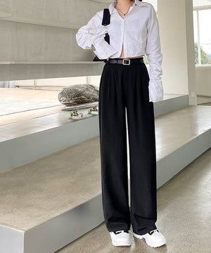 Net suit pants high - end pants women's spring new high - waisted straight casual pants loose and drape wide - leg pants - Negative Apparel