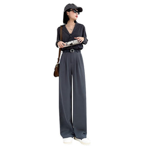 Net suit pants high - end pants women's spring new high - waisted straight casual pants loose and drape wide - leg pants - Negative Apparel