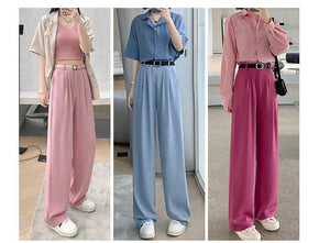 Net suit pants high - end pants women's spring new high - waisted straight casual pants loose and drape wide - leg pants - Negative Apparel