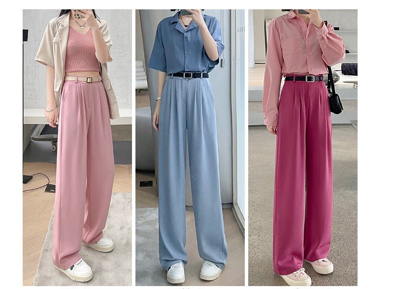 Net suit pants high - end pants women's spring new high - waisted straight casual pants loose and drape wide - leg pants - Negative Apparel