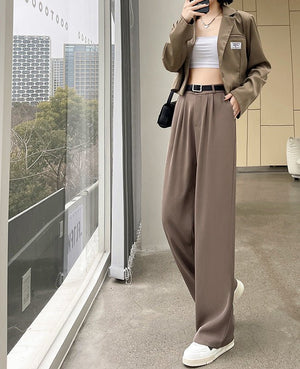 Net suit pants high - end pants women's spring new high - waisted straight casual pants loose and drape wide - leg pants - Negative Apparel