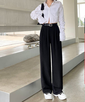 Net suit pants high - end pants women's spring new high - waisted straight casual pants loose and drape wide - leg pants - Negative Apparel