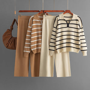 New contrast striped V - neck niche design knitted top high waist wide leg pants two - piece suit - Negative Apparel