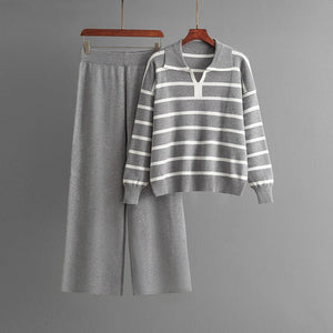 New contrast striped V - neck niche design knitted top high waist wide leg pants two - piece suit - Negative Apparel