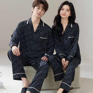 New couple pajamas spring and autumn ice silk loose loungewear men's autumn casual high - end loungewear set - Negative Apparel