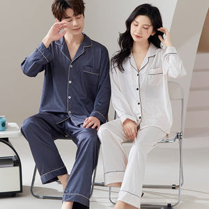 New couple pajamas spring and autumn ice silk loose loungewear men's autumn casual high - end loungewear set - Negative Apparel