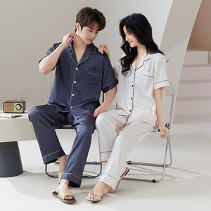 New couple pajamas spring and autumn ice silk loose loungewear men's autumn casual high - end loungewear set - Negative Apparel